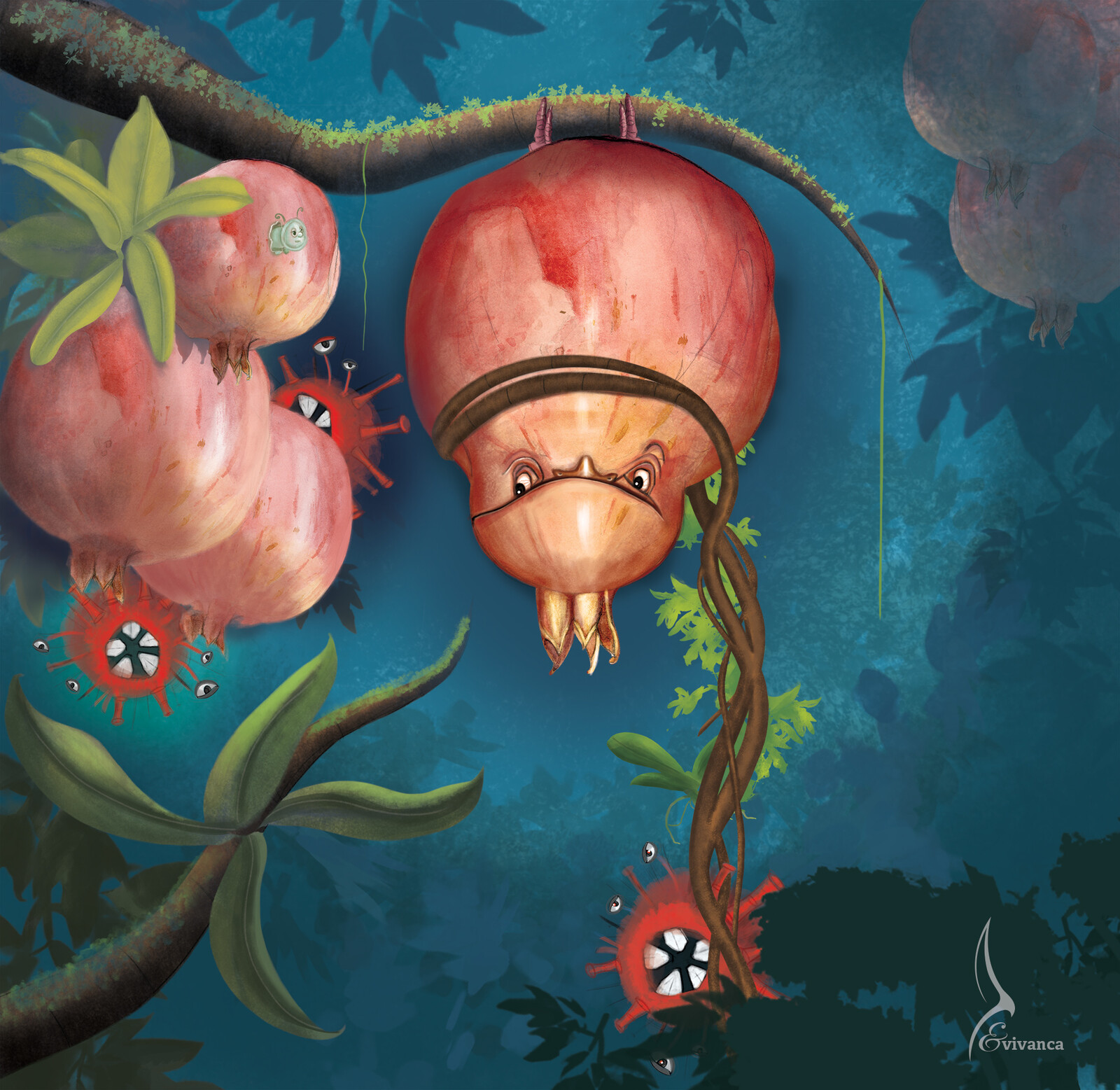 Pomegranate birdie surrounded by covid-19 viruses