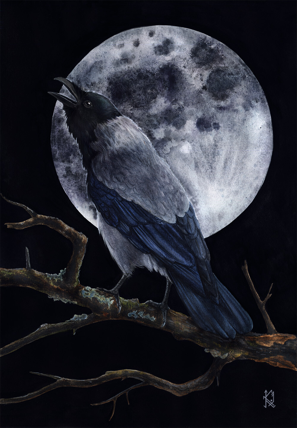 Moon Crow. Watercolor on paper 30x40cm.