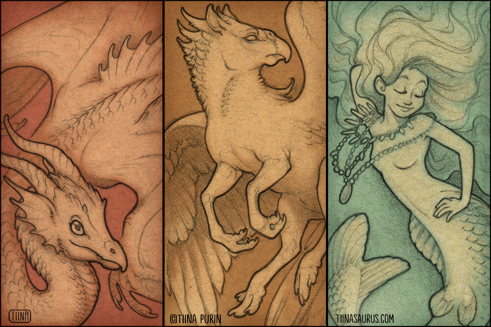 A series of illustrations for glass domino pendants featuring a Wyvern, Hippogryph, and Siren. 