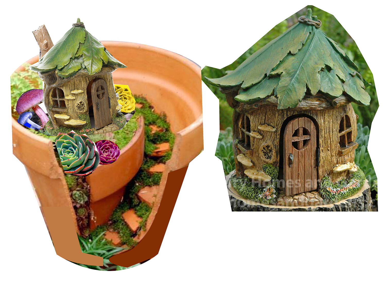 Since I knew about lawn gnome decorations and fairy houses I started the project by gathering images from various places and compositing them together to get my composition.