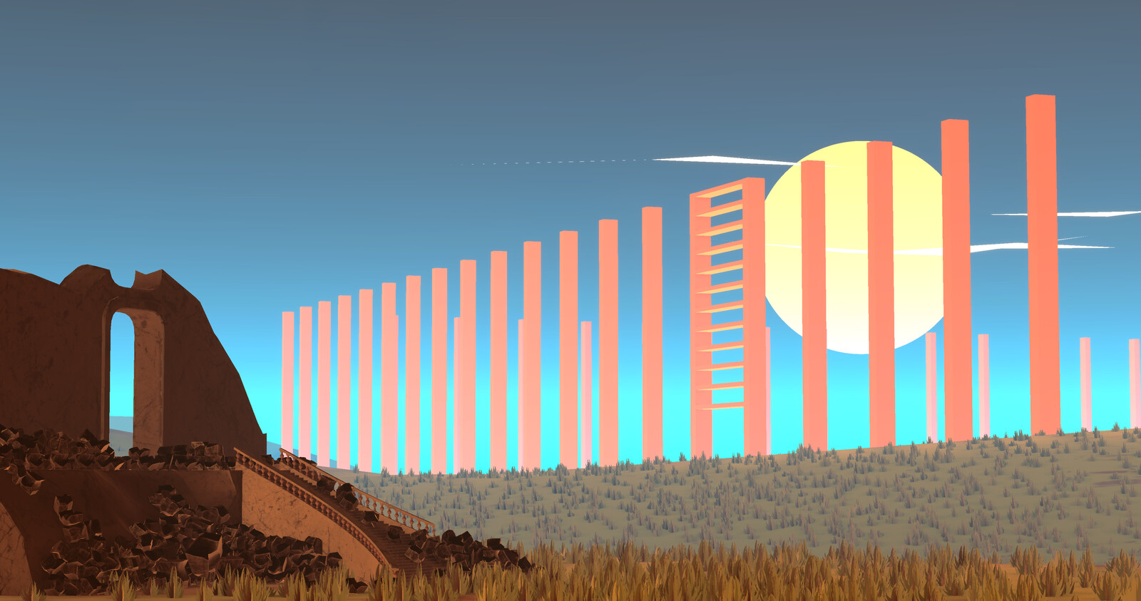 This scene is a work about surreal architecture, while integrating a ruin, creating a contrast between the foreground and backgroung