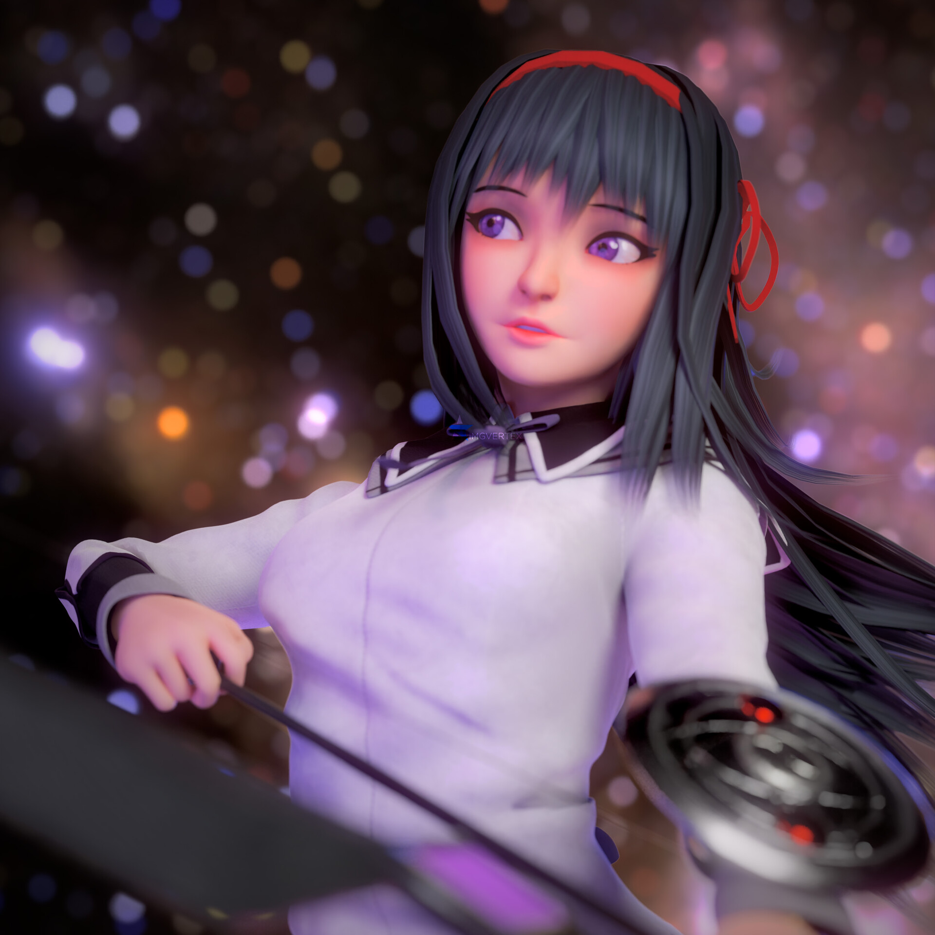 Artstation Akemi Homura Vert She is first seen by madoka in a dream of her fighting a monster in a desolate landscape of skyscrapers. artstation akemi homura vert