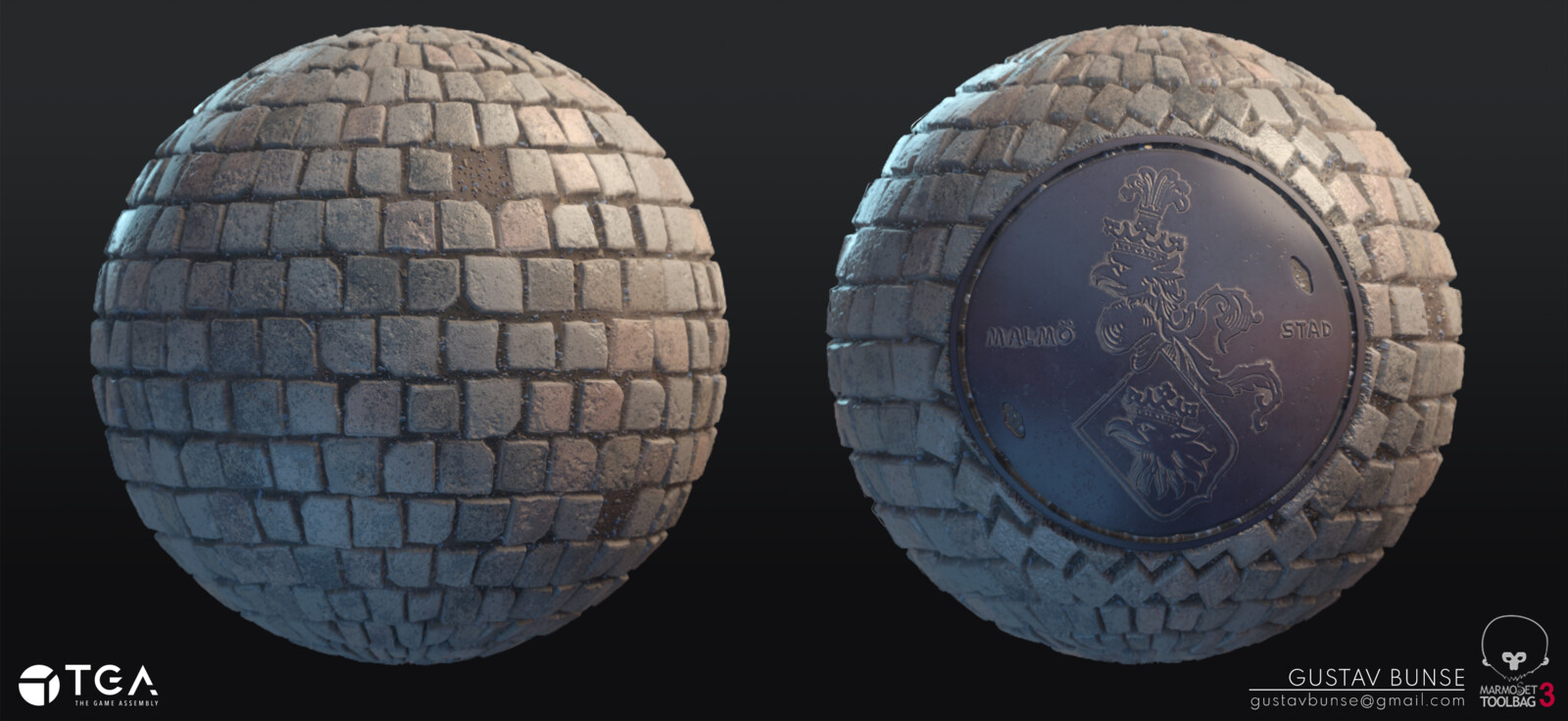 These two materials are created from the same node-system in Substance Designer. It's one exported material with an exposed parameter, with which you can turn on and off the manhole. This make it easy to vertex paint the manhole onto your cobblestone.