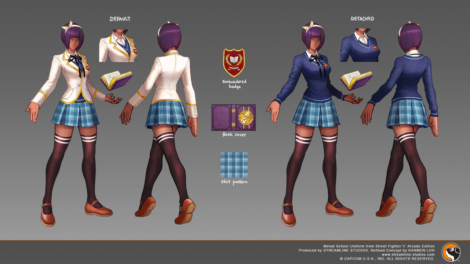 Menat School Uniform from Street Fighter V: Arcade Edition.
I did the refined concept for this costume and Kelly Tan
drew the basebody.
Capcom was responsible for final adjustments and implementation in-game.