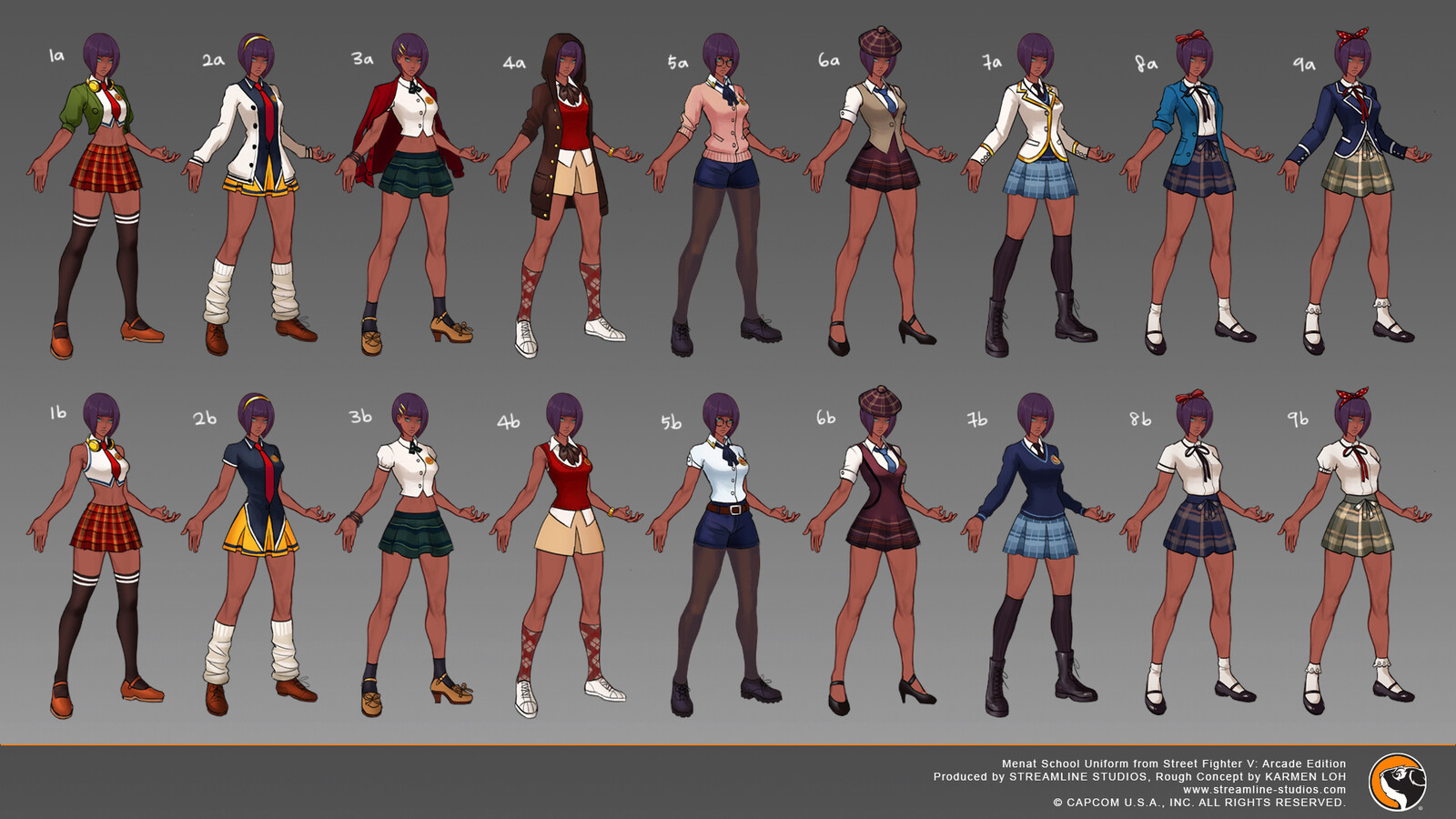 Menat School Uniform from Street Fighter V: Arcade Edition.
I did the rough concept for this costume and Kelly Tan
drew the basebody.
Capcom was responsible for final adjustments and implementation in-game.