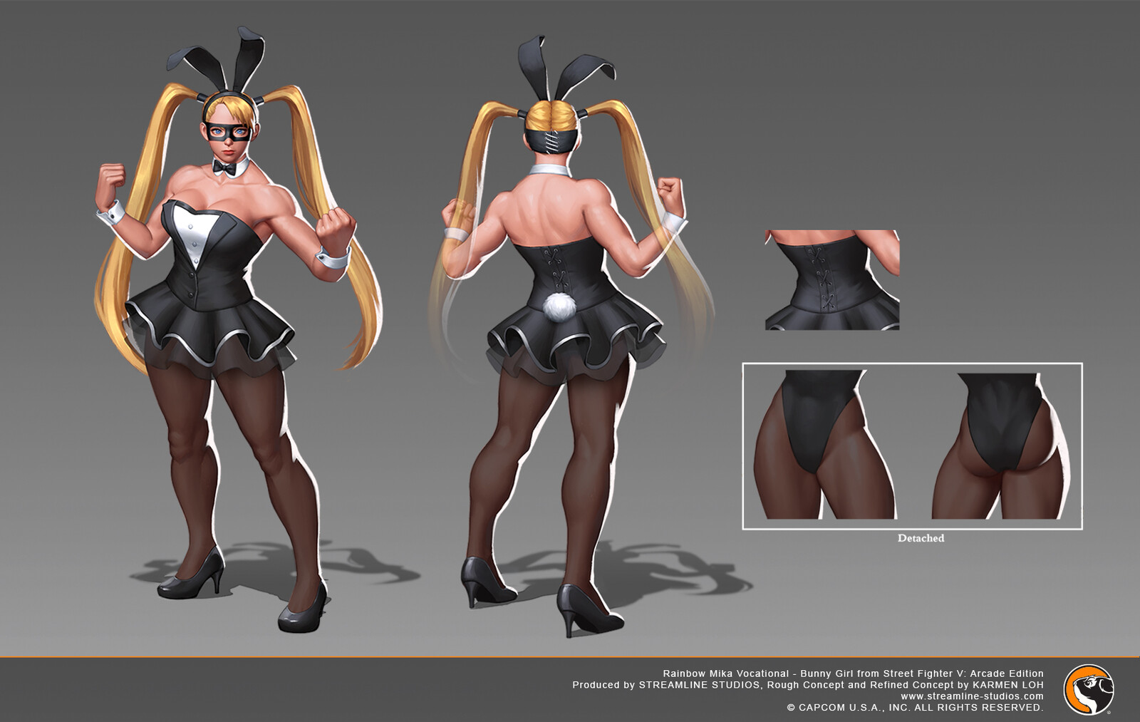 Rainbow Mika Vocational - Bunny Girl from Street Fighter V: Arcade Edition.
I did the refined concept and basebody for this costume.
Capcom was responsible for final adjustments and implementation in-game.