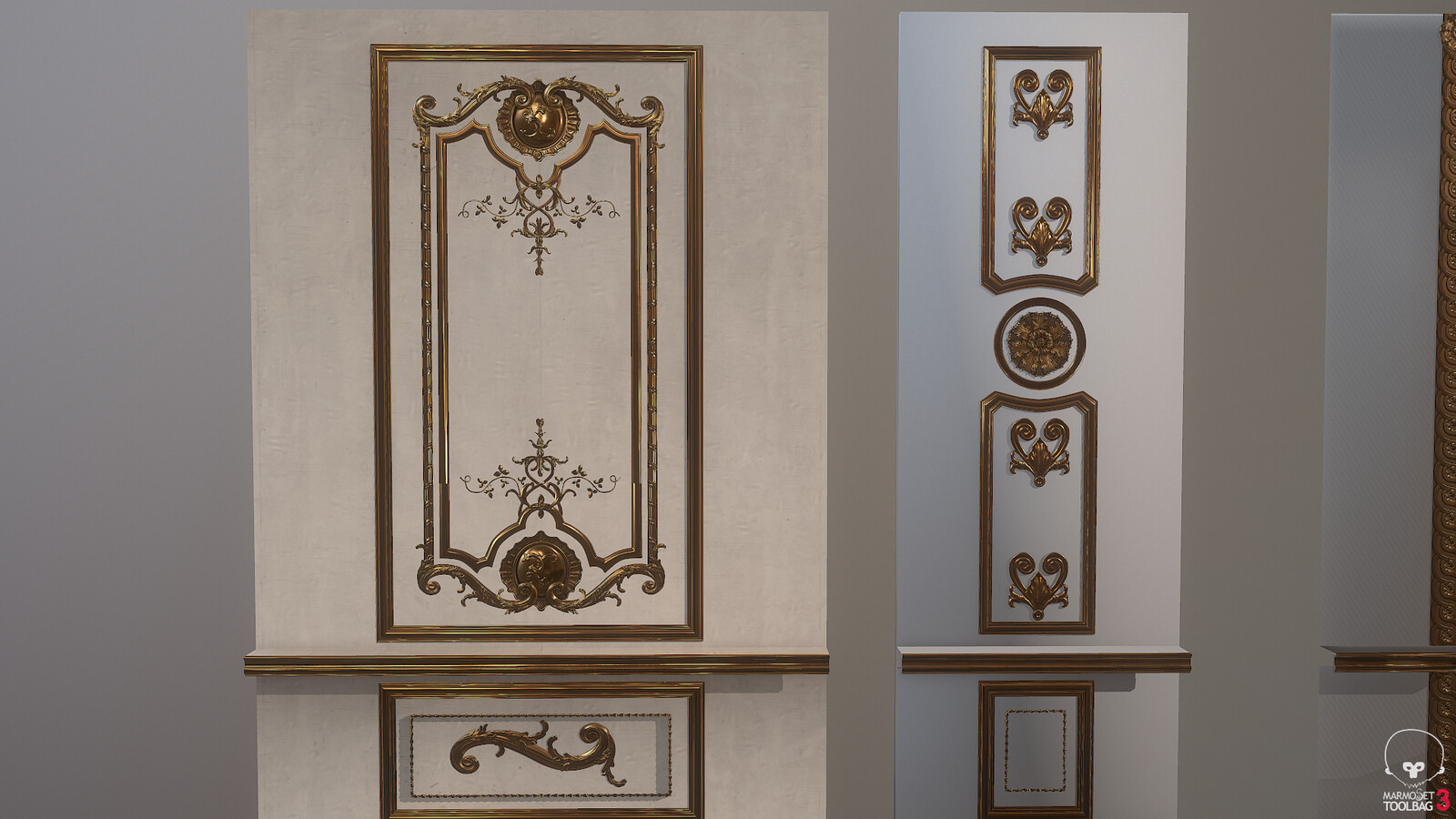 Modular wall pieces: Ornaments were sculpted in ZBrush and baked down to planes.