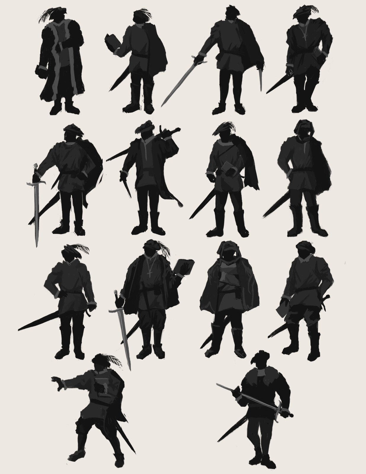 Initial silhouette thumbnail sketching (second from the third row was chosen)