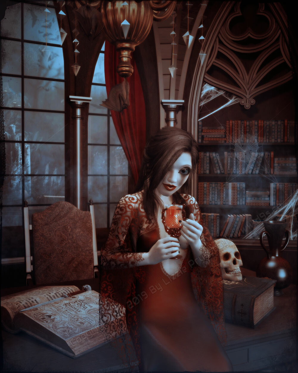 A an old gothic horror style scene featuring Lilla the Goth Doll.