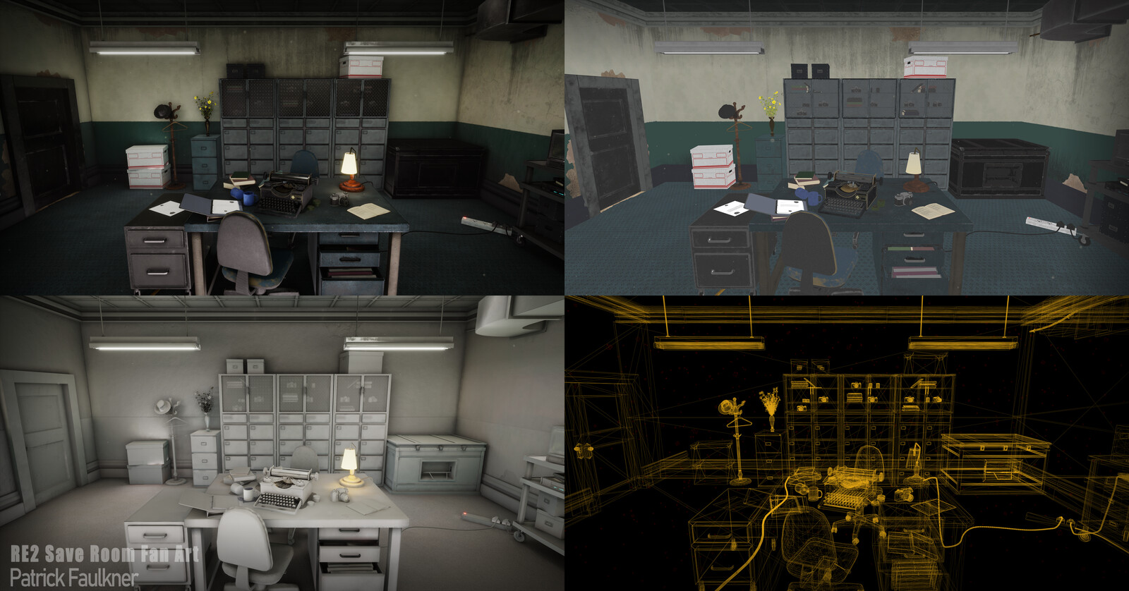 A collection of renders included The scene with lighting, Base Colours, Detailed Lighting and Wireframe.