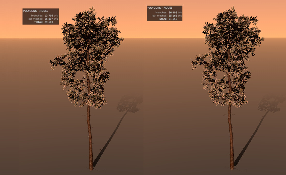 High poly and low poly trees, collision, and proper light maps were all made within SpeedTree