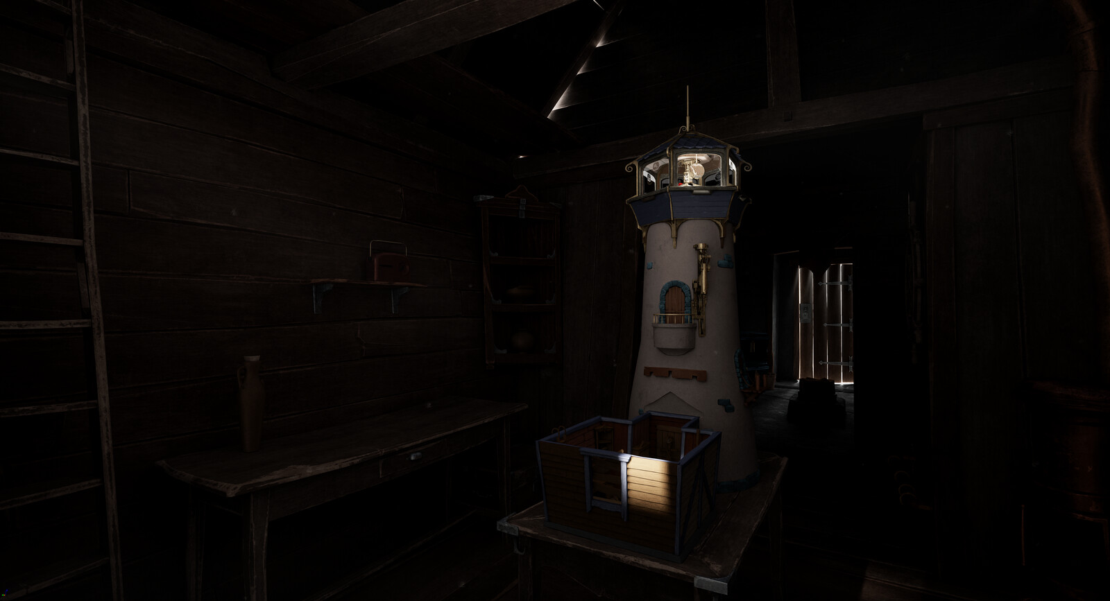 For technical reasons, this scene lightmaps were rendered externally in Blender. To correctly integrate theses lightmaps in UE4, the whole shading of this room (specular, metalness...) was done by hand (this scene is only using UE4 "Unlit" shader).