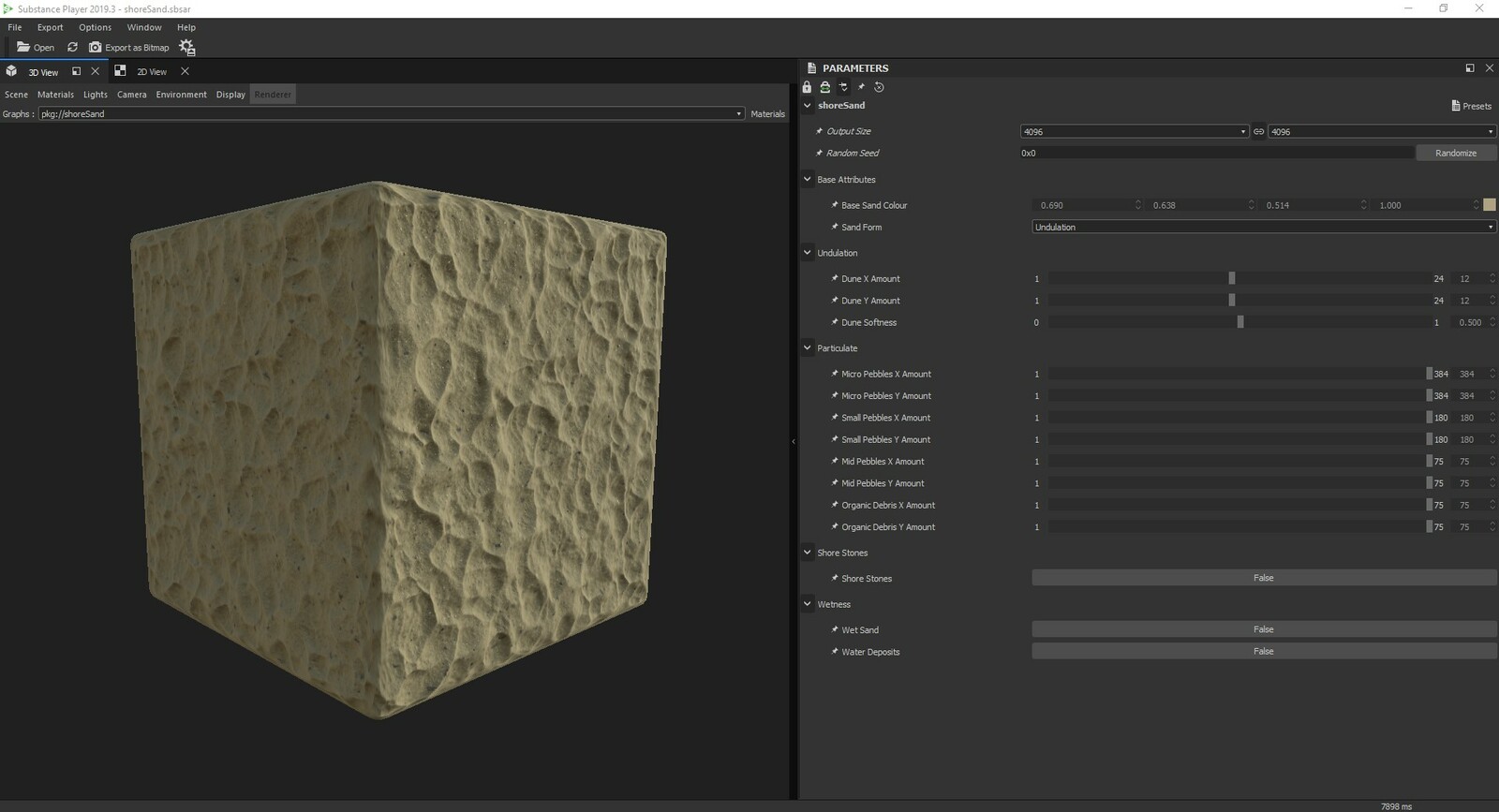 Several exposed parameters including base sand form specific options. The Generator also outputs an optional packed (ORM - H) texture.