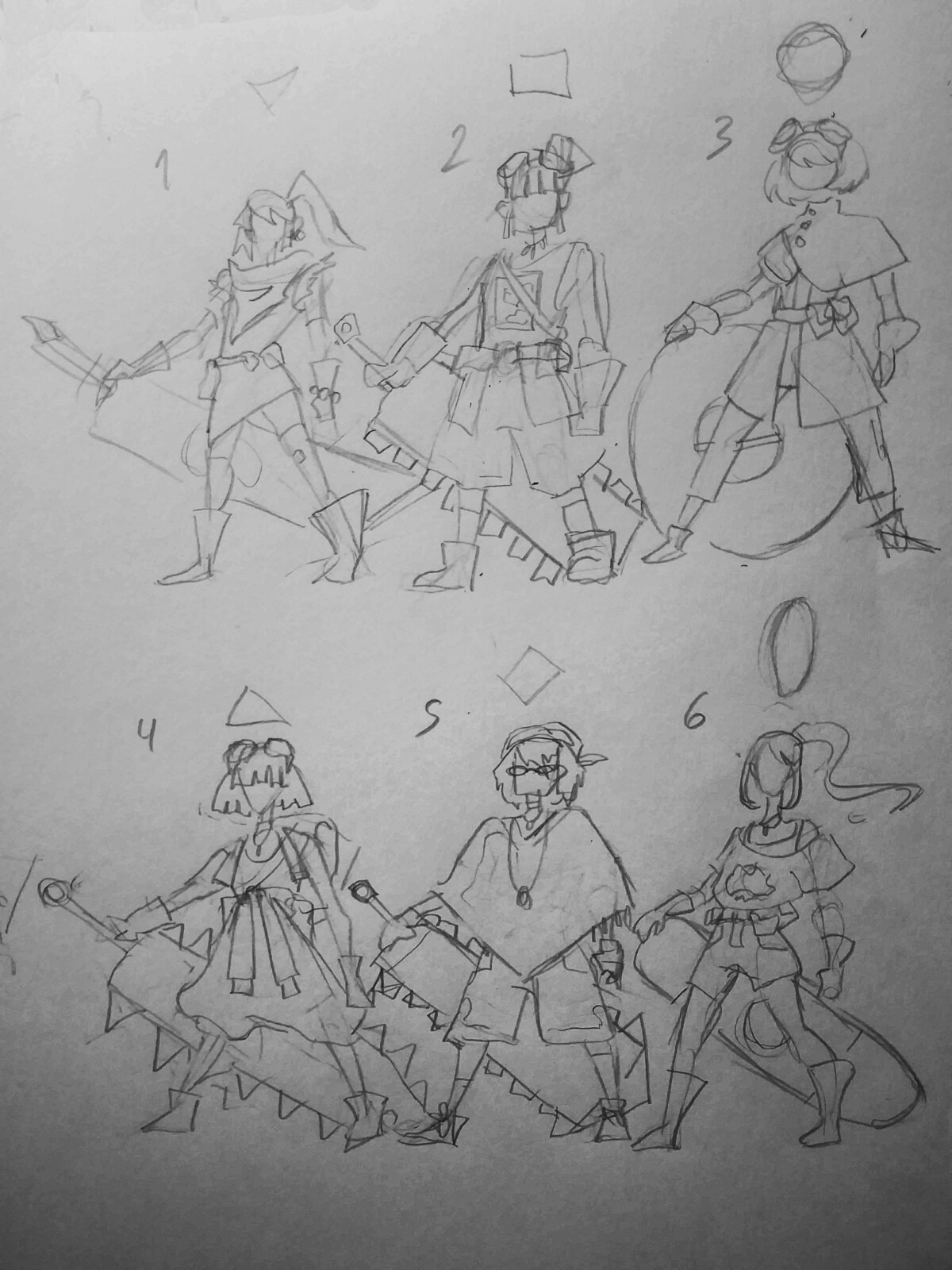 Rapid sketches for basic ideas for the character. Originally, the character was going to be a young archaeologist who found the magic hoverboard. At this point in time there was no staff.