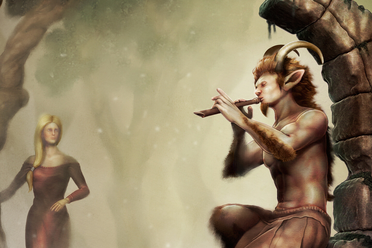 Close up of the faun and lady characters