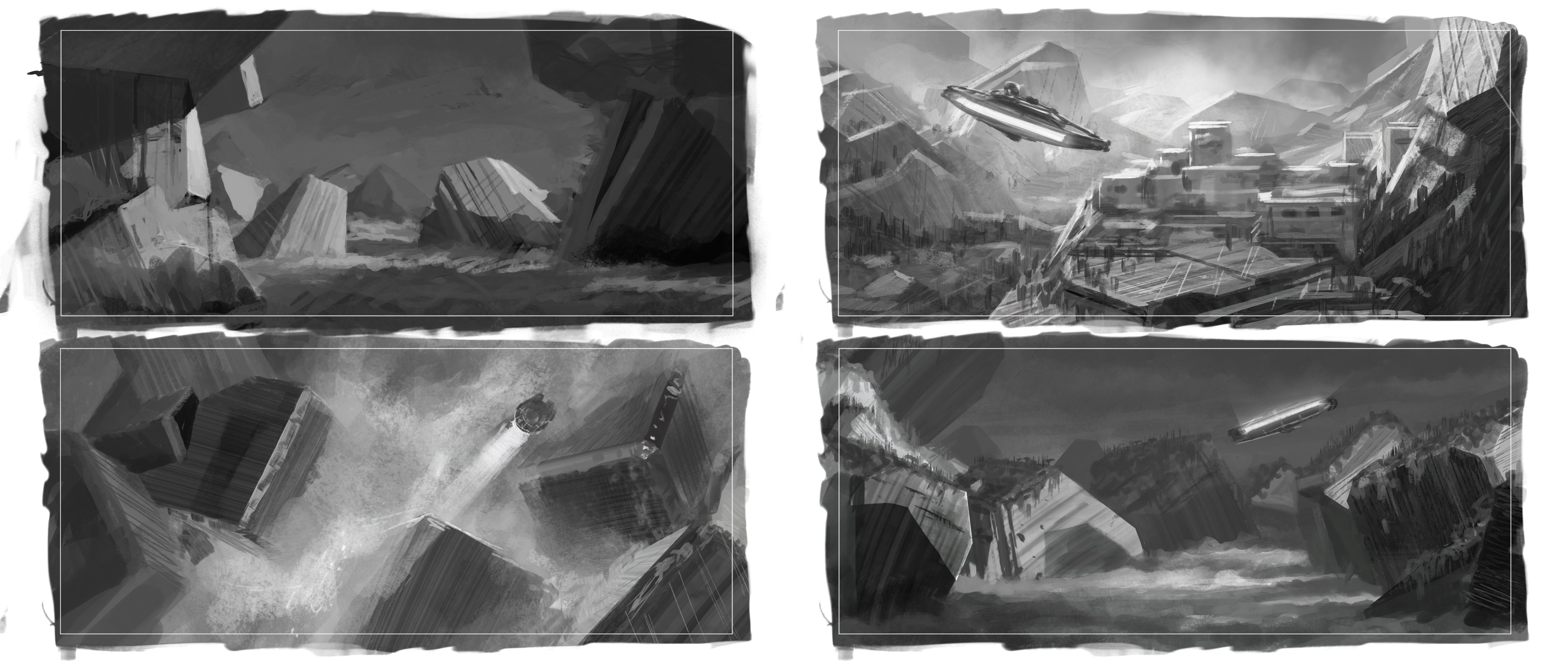 A page of the kind of greyscale sketches I'll typically do to establish composition. 