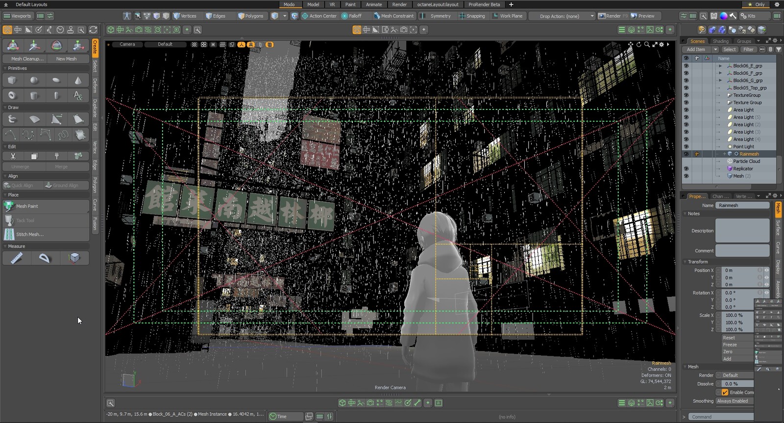 Modo scene file. Note the rain was done fully in 3D using a particle system.