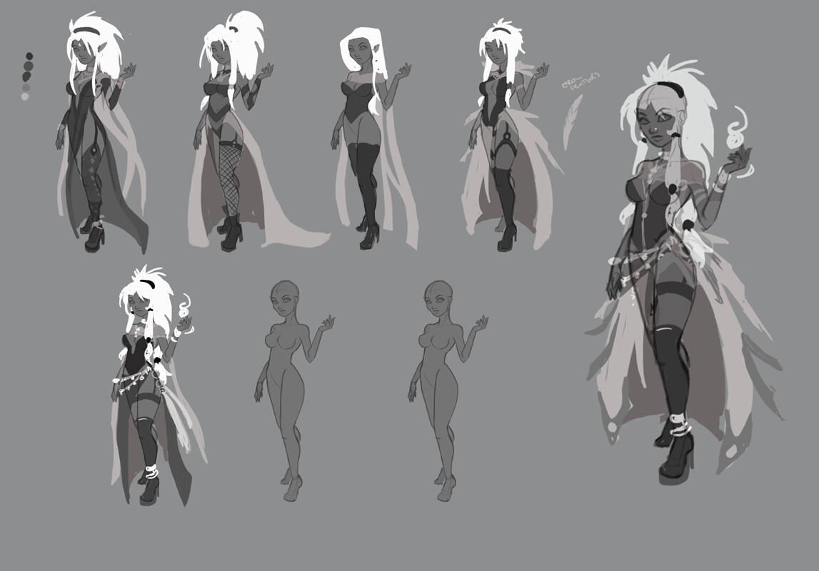 Concept sketches of her outfit. I wanted a goth punk meets ah! my goddess kind of vibe :) 