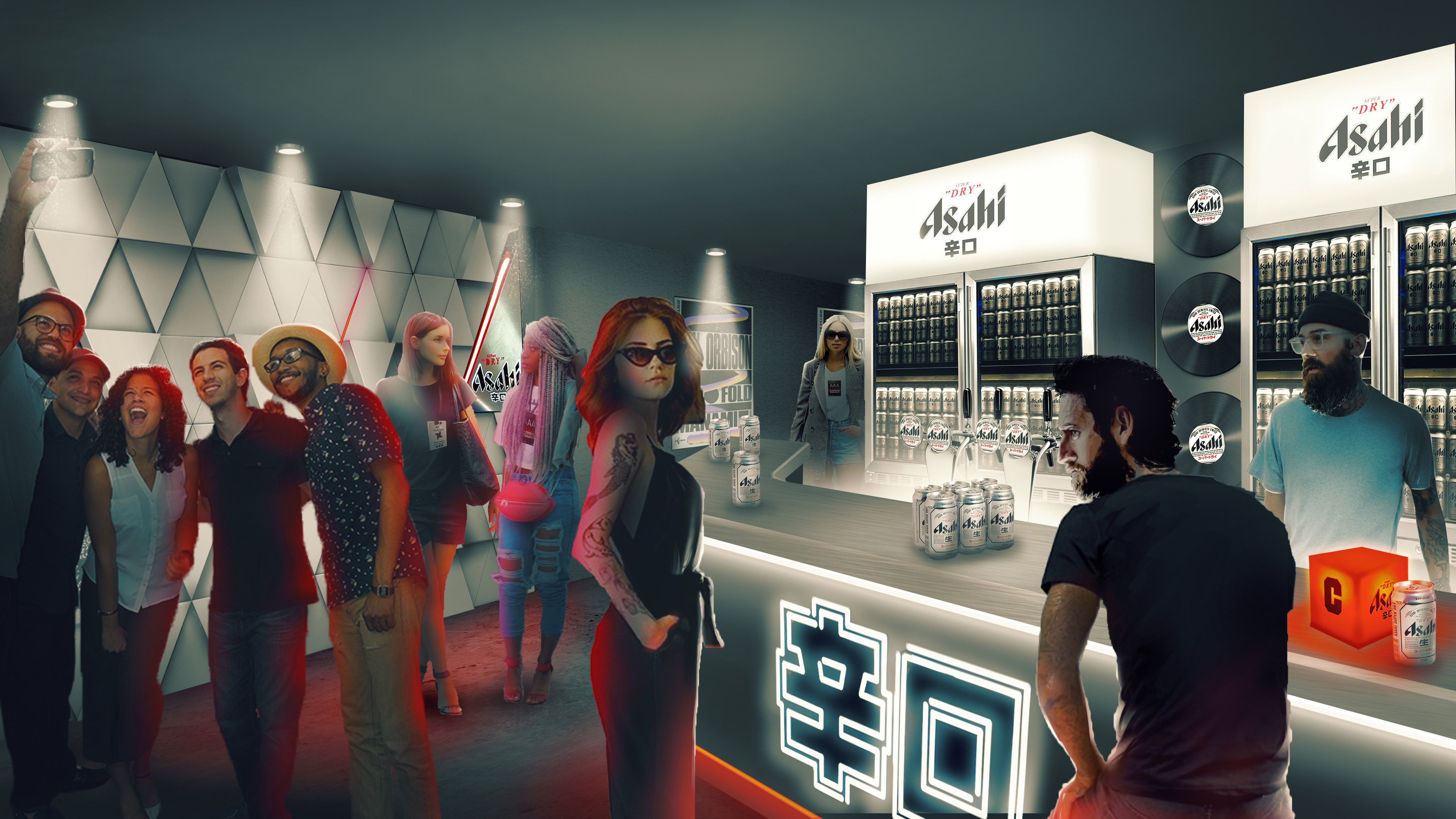 underground bar, I created visual to show how a bar in club could be turned into the brand guideline of Asahi. 
This was mostly done trough light installation and specific asset created for the project.