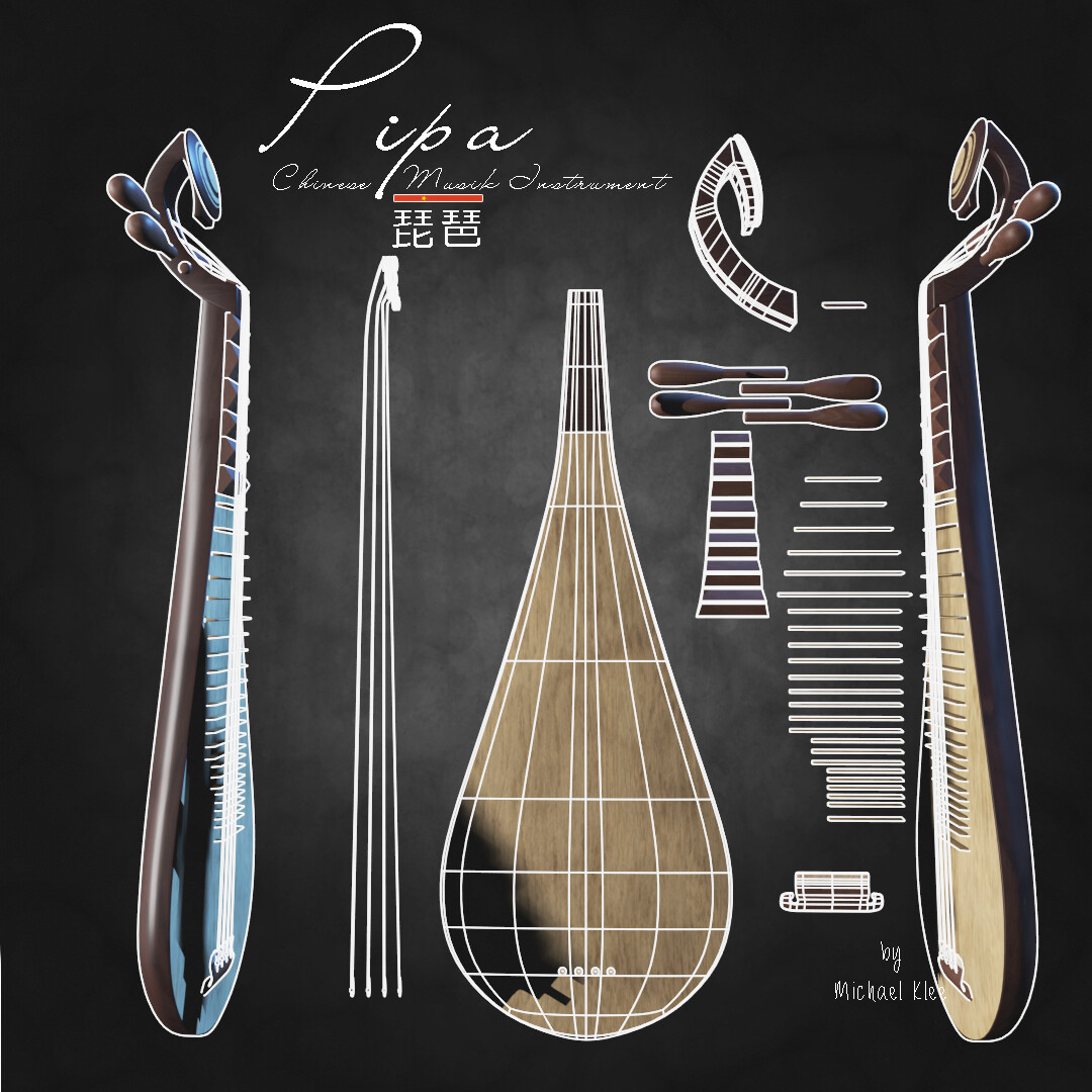 Pipa 琵琶 - Chinese musical Instrument wireframe