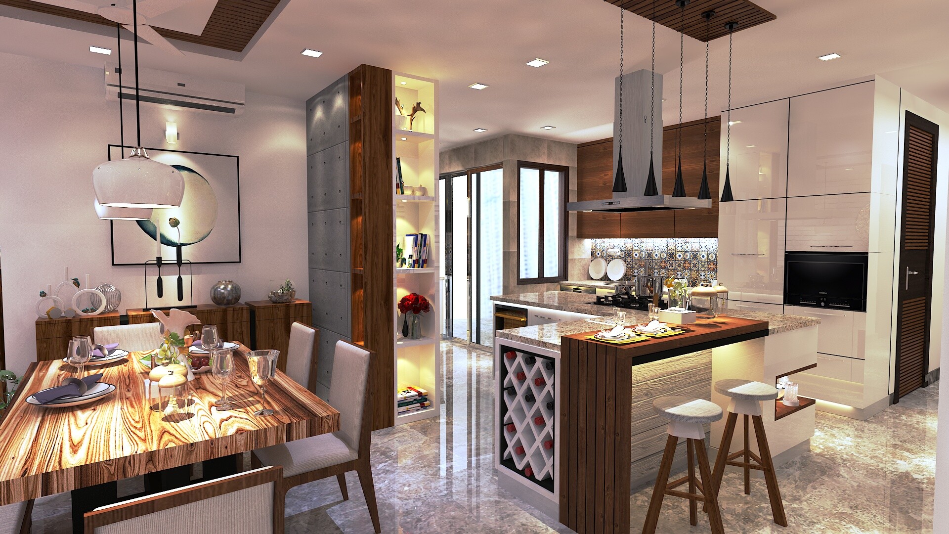 Ranjan Max Living Room 3d Design The chic bar stools match the kitchen counter while the decor matches the colour of the living room and creates a cohesive feel. ranjan max living room 3d design