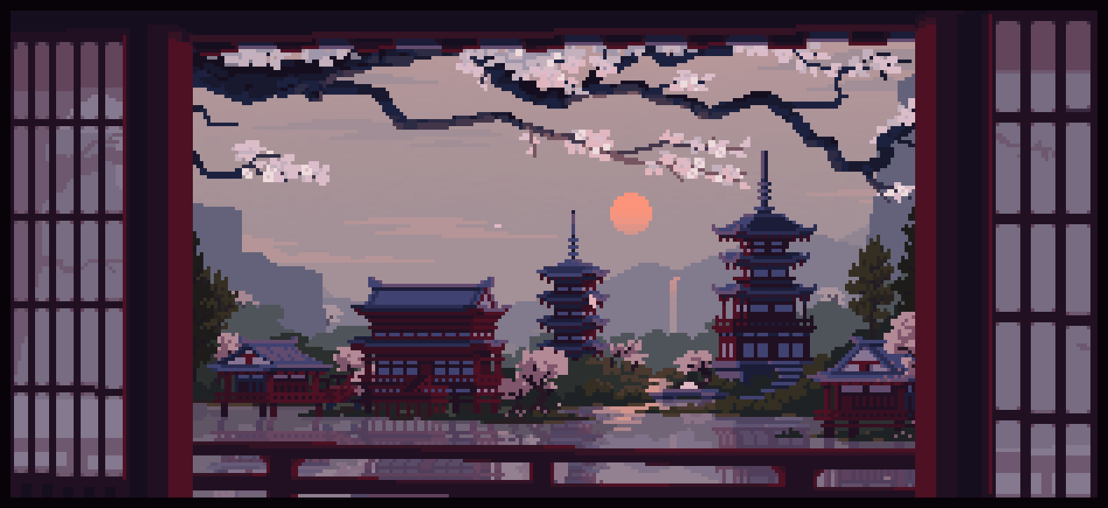 ArtStation - View over Japanese Temple in River Valley