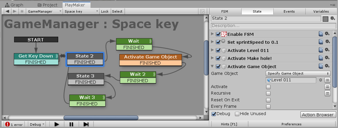 Visual scripting with PlayMaker (Unity asset)