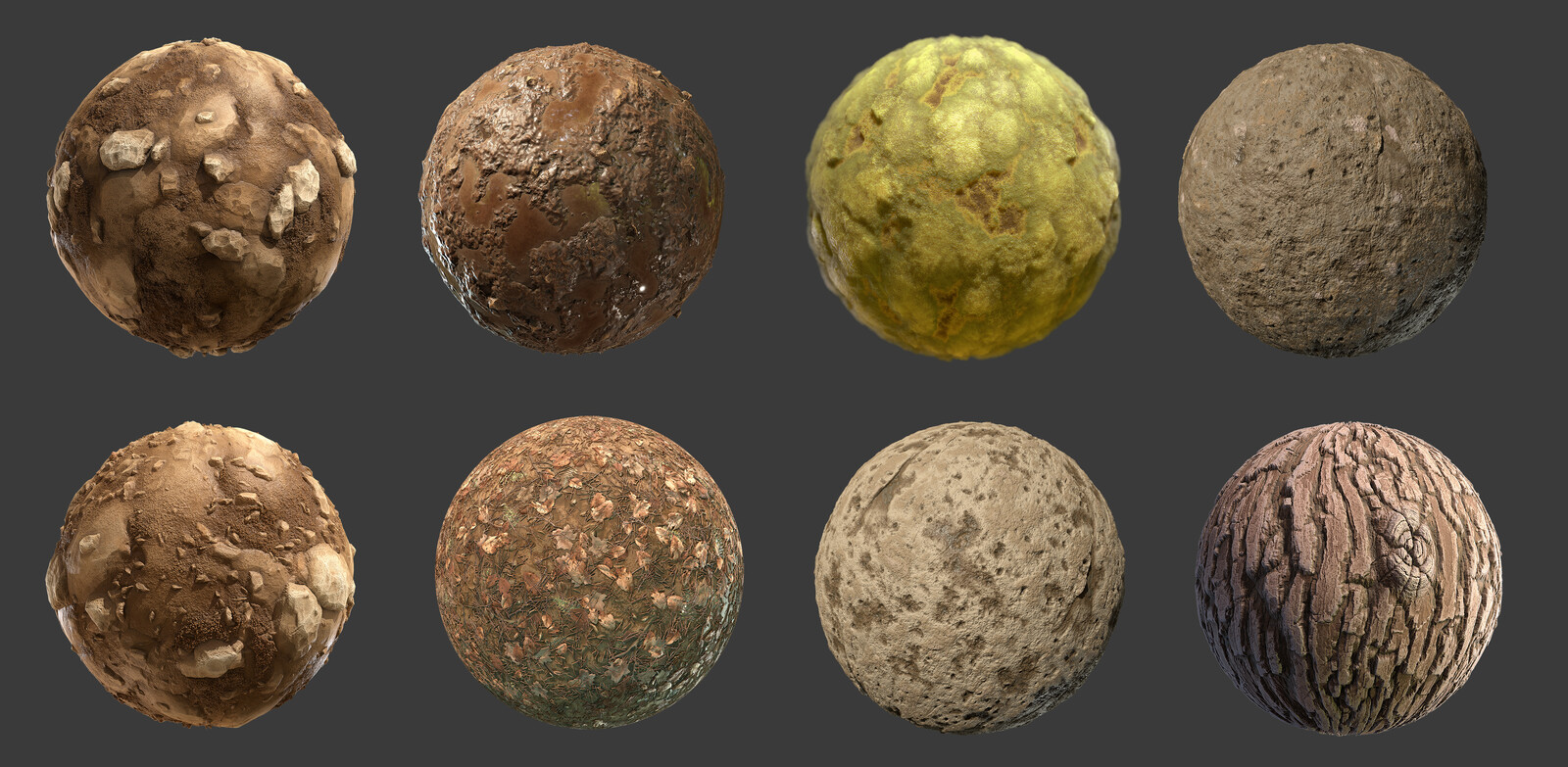 the tiling materials were made completely in substance designer. the loam is the exception, which was made in both zbrush (for alphas) and designer.