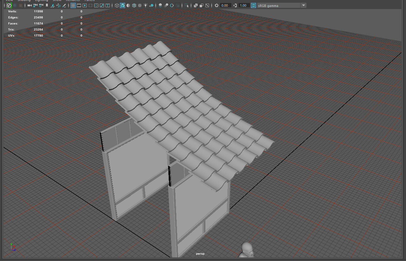 Building roof assets. I UV'd one shingle before duplicating it across, then randomized the position of the UV coordinates on the trimsheet.