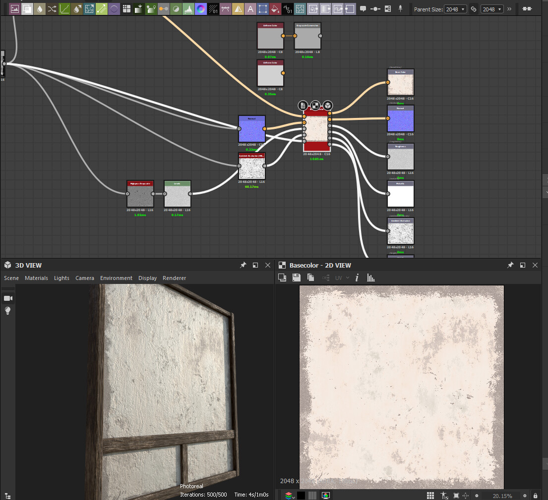 Substance Designer graph for the wood and wall materials. Fun fact: Tsuchikabe is the name for this wattle and daub plaster material, made from mud, clay, and straw, layered over a frame of horizontal and vertical bamboo strips.