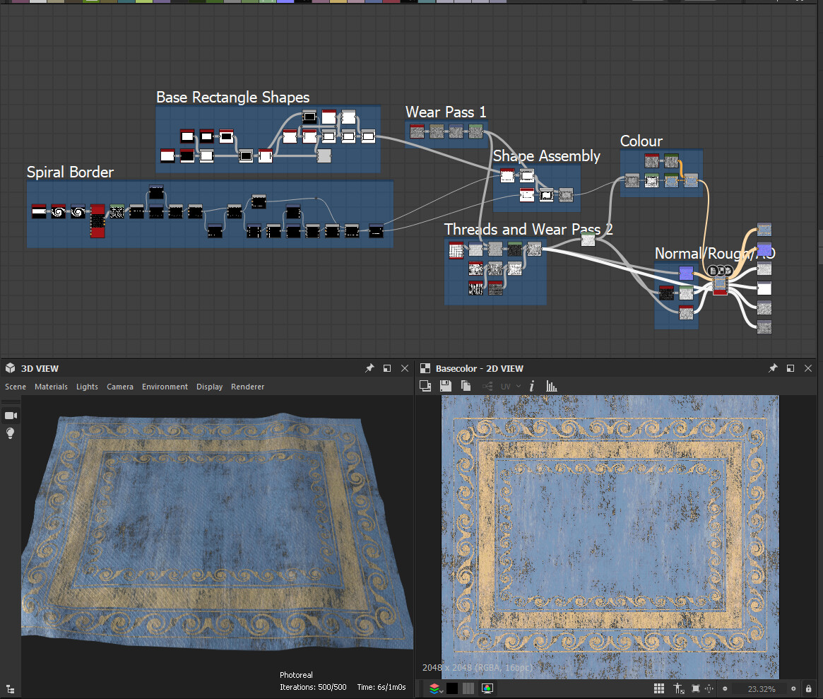 Substance designer graph of the rug. Had a lot of fun making this.