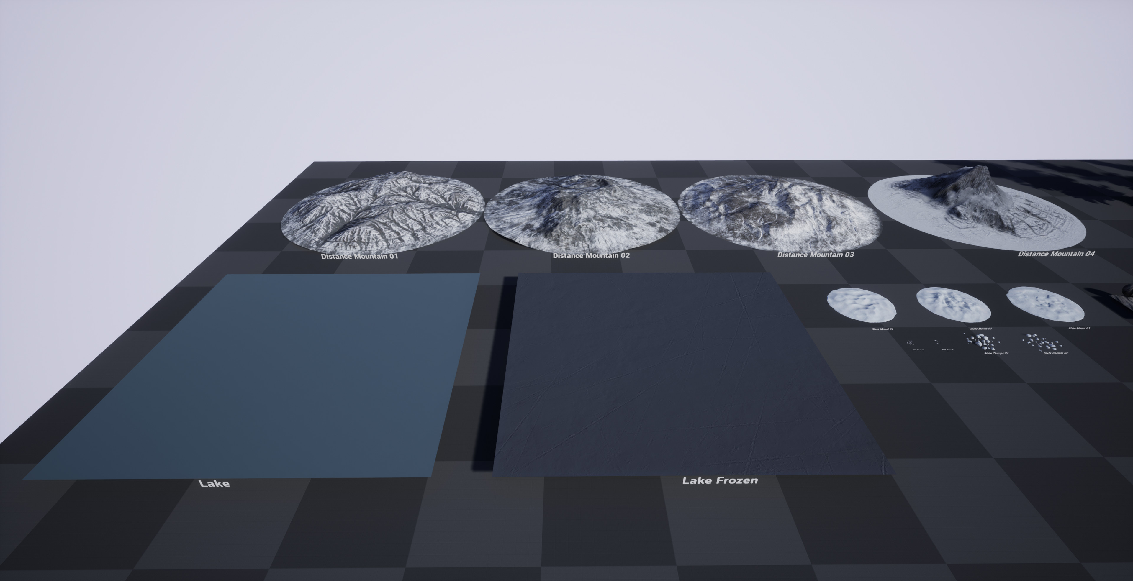 Distance mountains and lake/frozen lake surfaces.