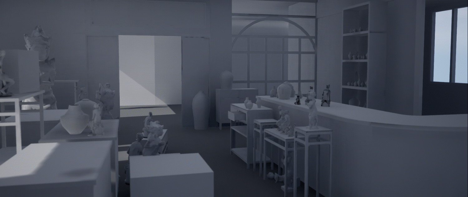 Progress gif of the main establishing shot. The camera angle has changed a lot during the creation process