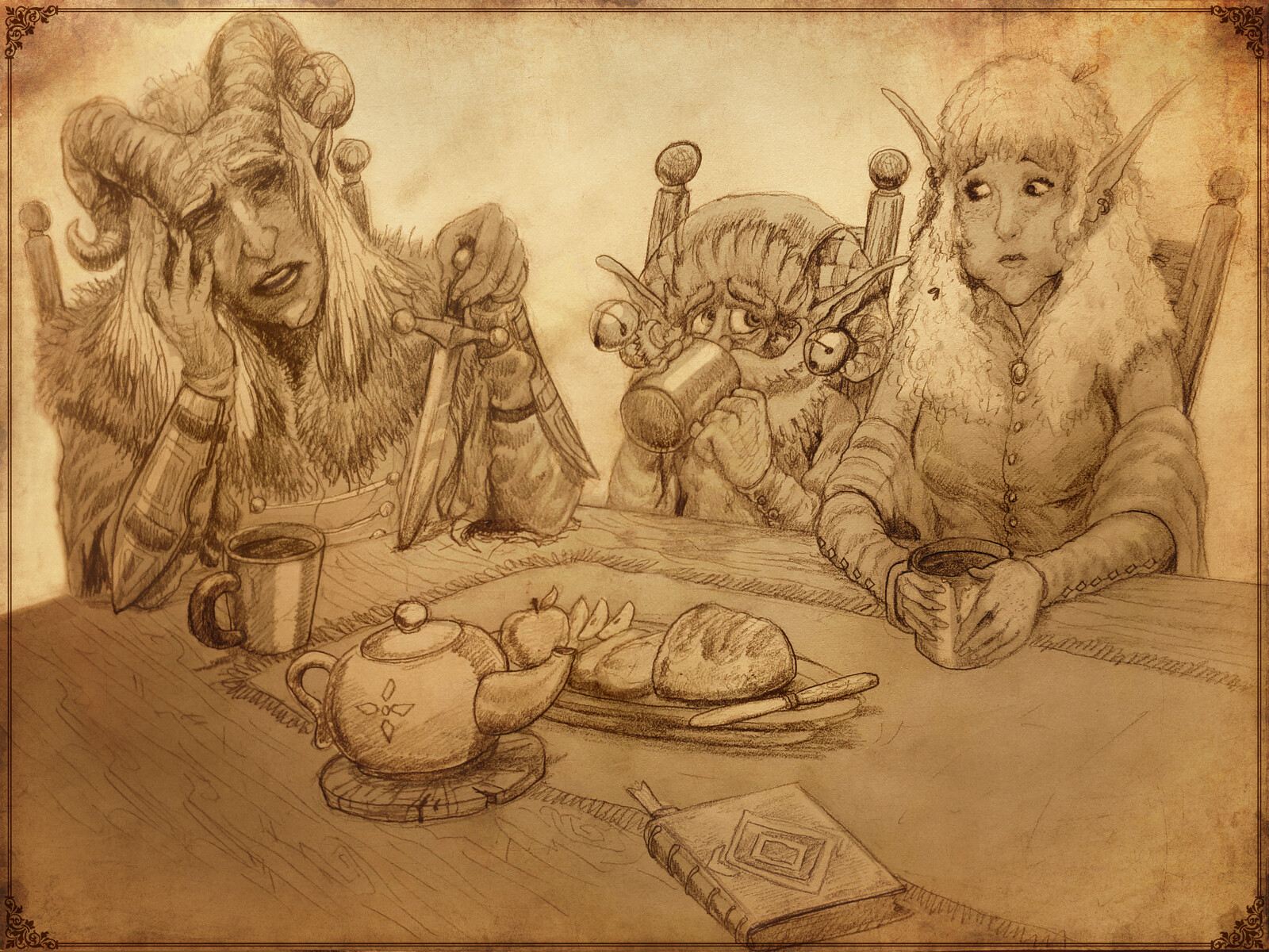 Day 11 - Look into the past.

Kadios the warlock opened up to Mr.Goblin and the Ofelia,(The general store merchant and the current flame of Mr.Goblin) about his back story. It was..... interesting... yeah, let's put it that way.