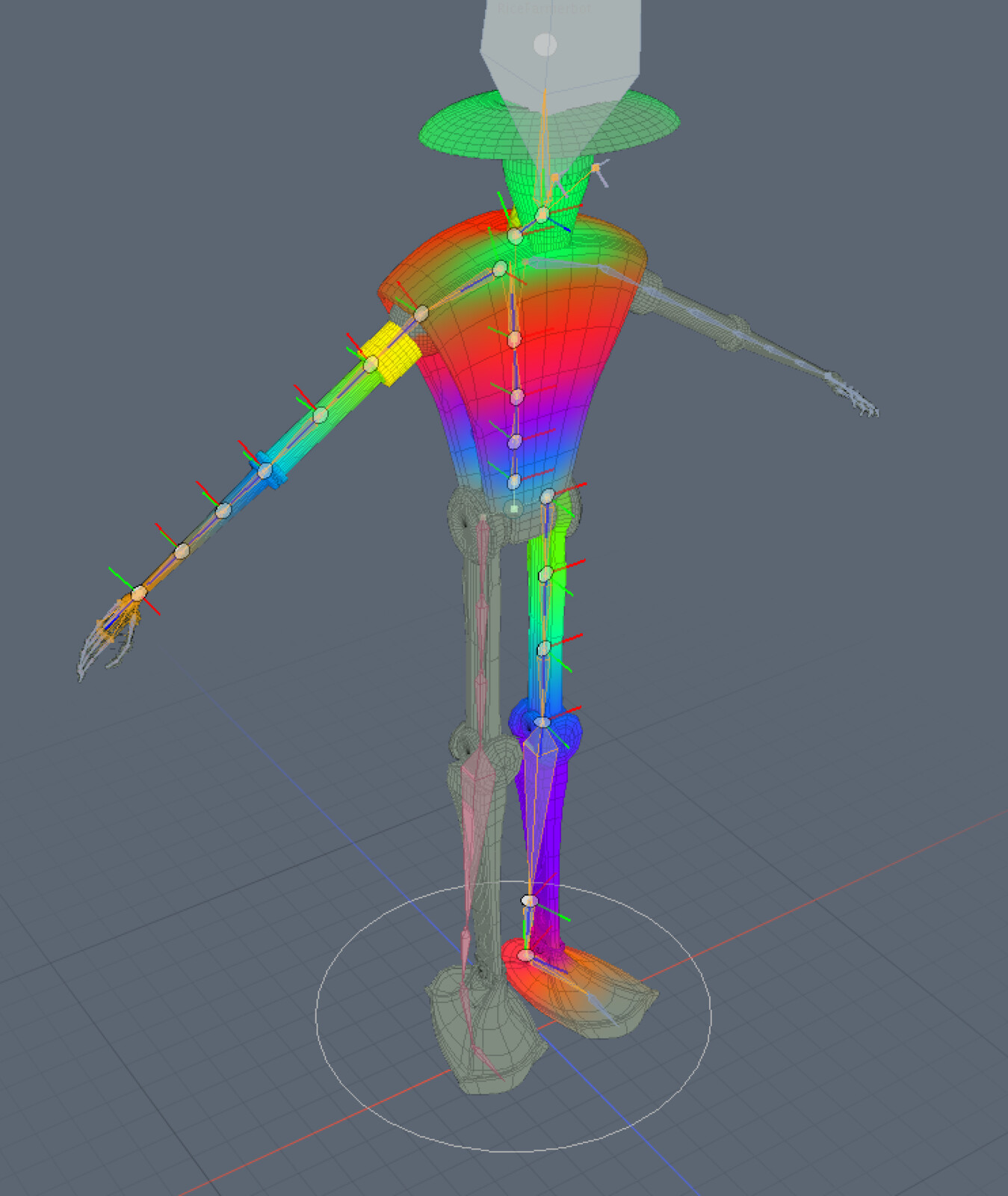 Weighting view - these weights relate to the 'bones' of the rig - and where those 'bones' will influence the mesh - as this character is mechanical, I had to isolate a lot of the effects instead of blending as one does for organic-looking motion.