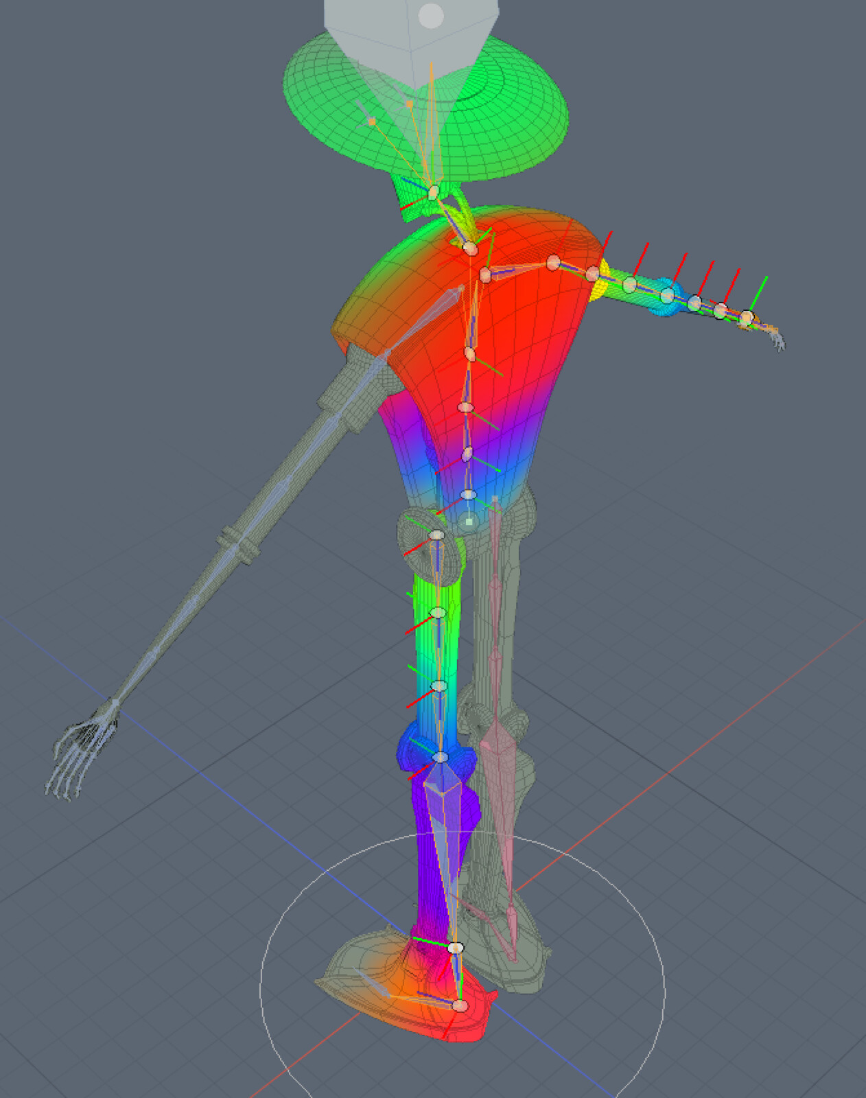Weighting view - these weights relate to the 'bones' of the rig - and where those 'bones' will influence the mesh - as this character is mechanical, I had to isolate a lot of the effects instead of blending as one does for organic-looking motion.