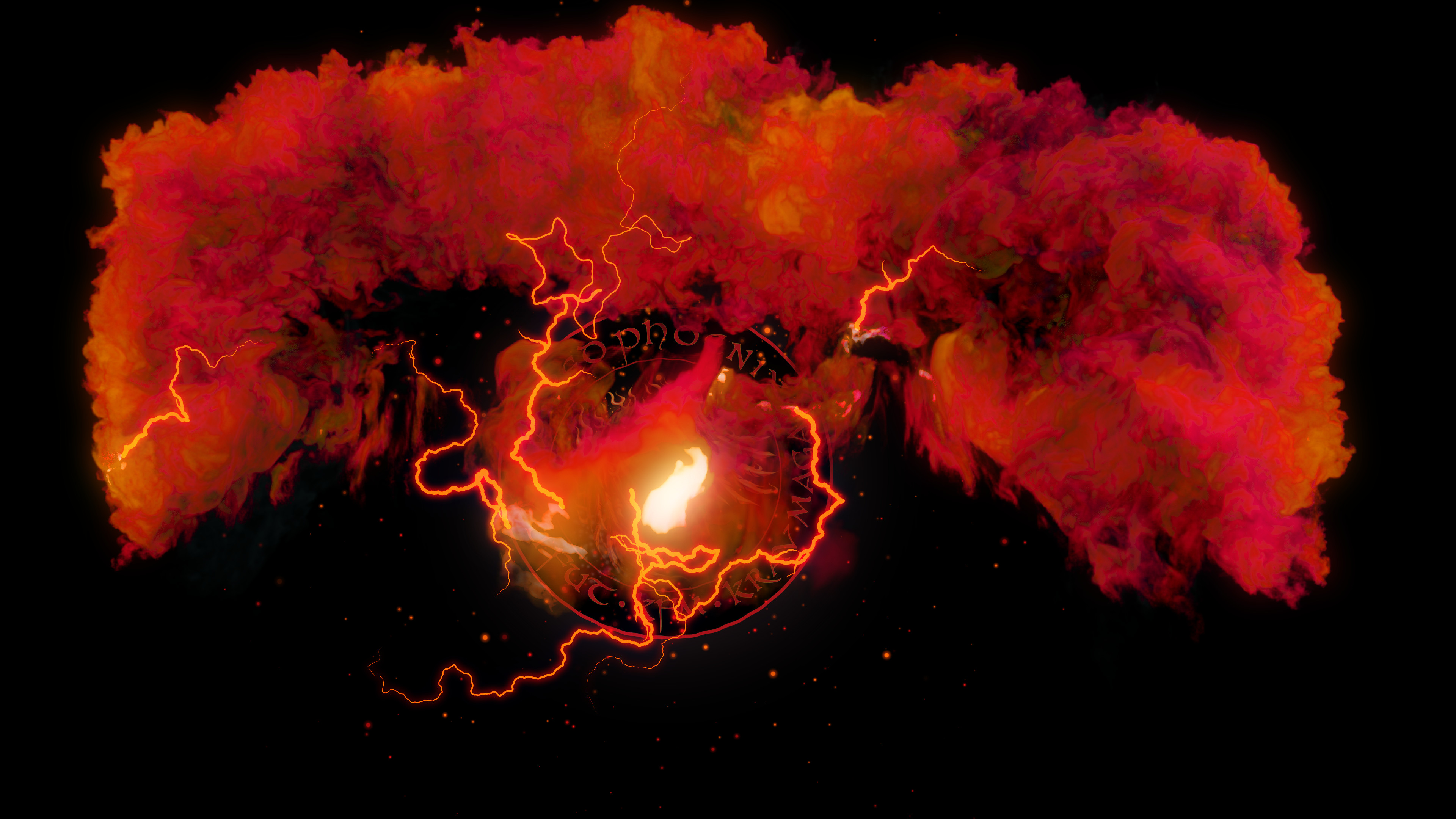 Screen shot from logo intro.  All flames/ explosions in Houdini, everything else in After Effects.
