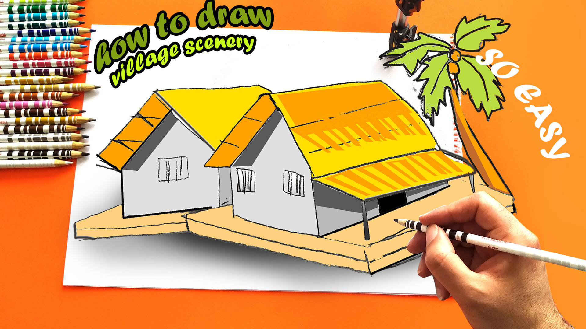 Village Scenery Drawing - Step By Step - Cool Drawing Idea