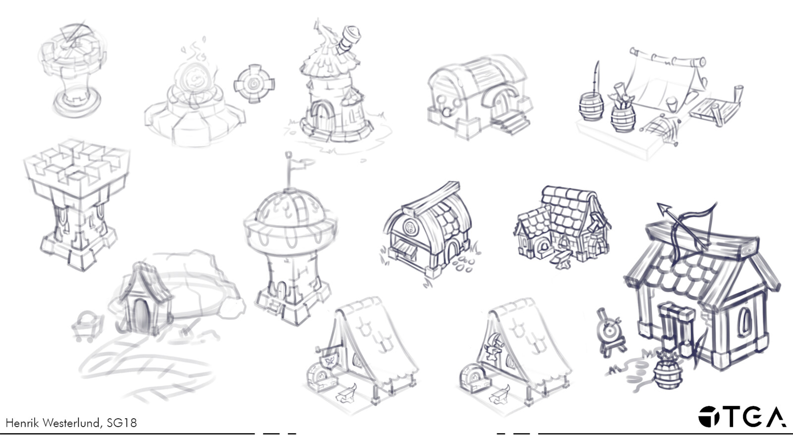 Some early concept sketches, many of which were scrapped while others were further developed during the modeling phase.