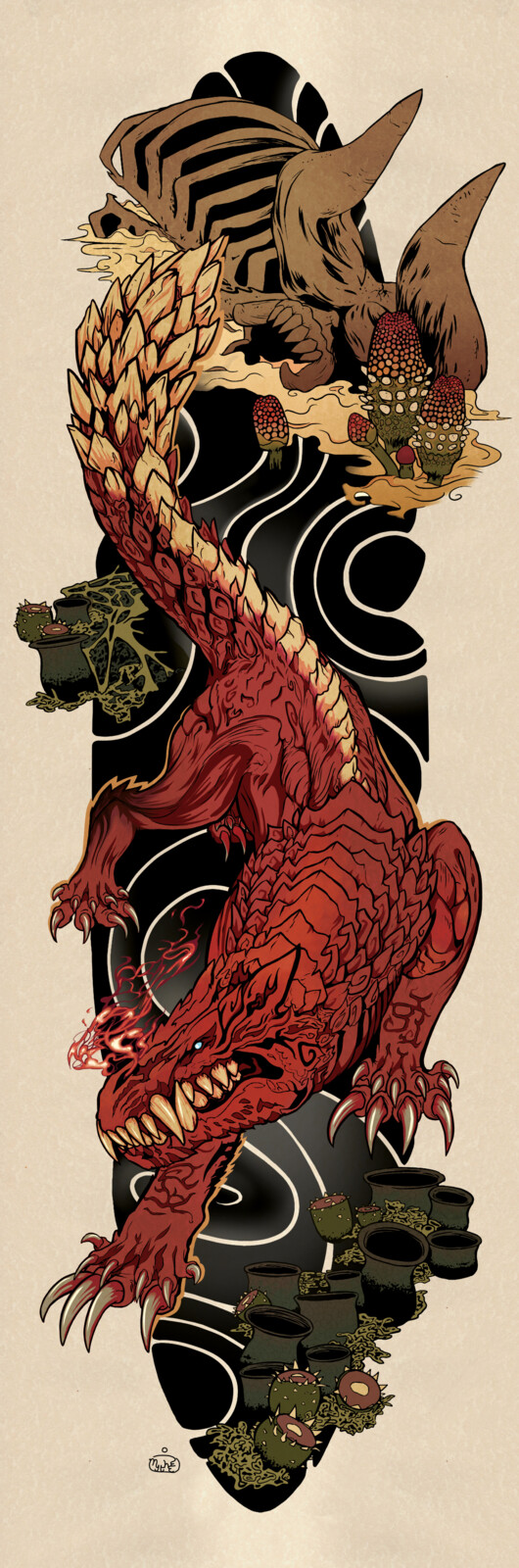 A tattoo design inspired by japanese sleeve tattoos and Odogaron, a monster from Capcom's Monster Hunter franchise
