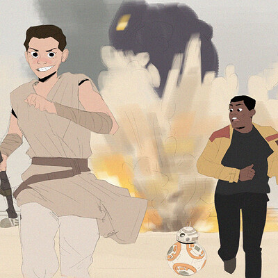 Rey, Finn, and BB8
