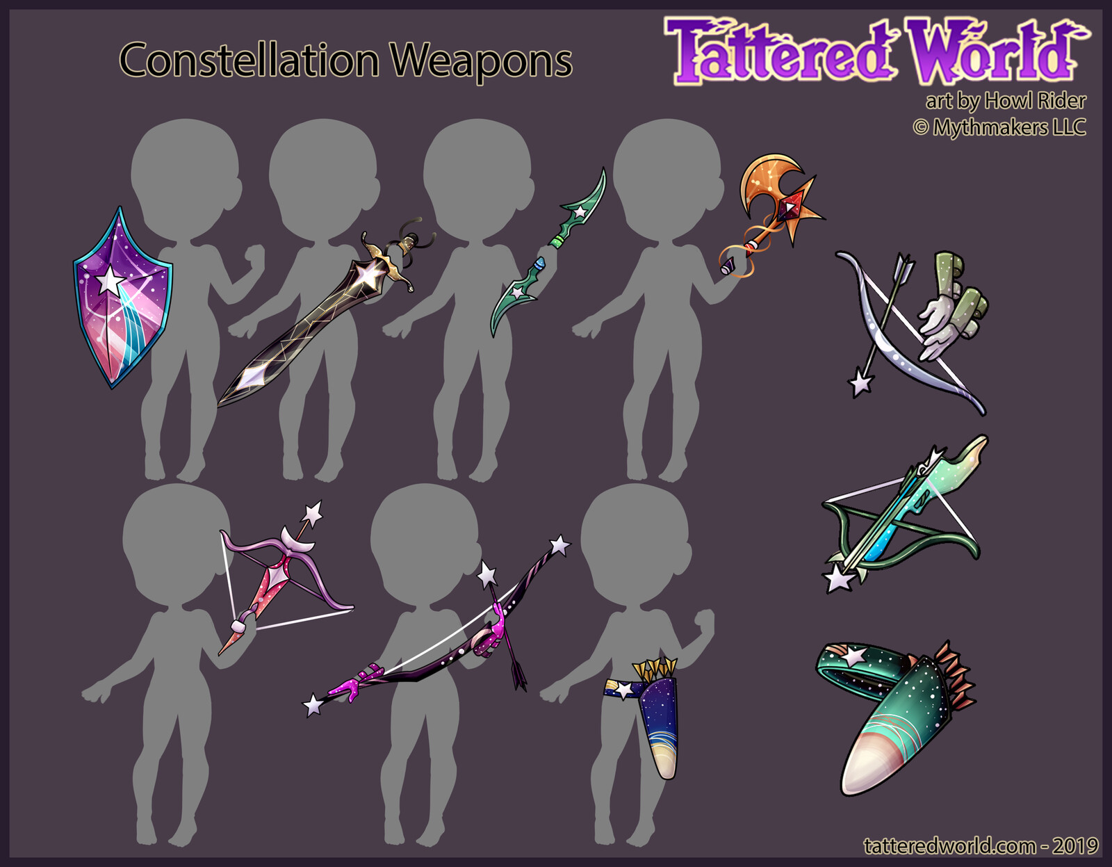 A series of star-themed weapons. I also designed the colour template, which is now used on other items.
