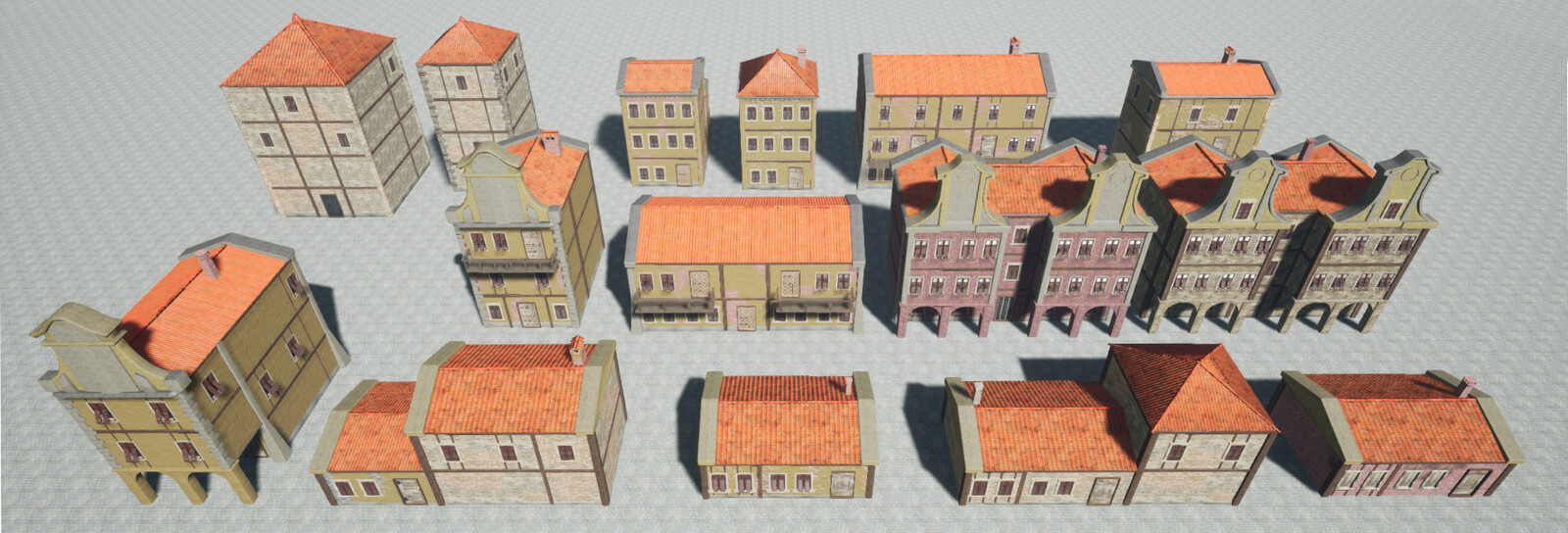 Buildings made with modular set, materials use Vertex Painting to build more difference between the same models. For further variety I made 10 different stains and dirt decals. 