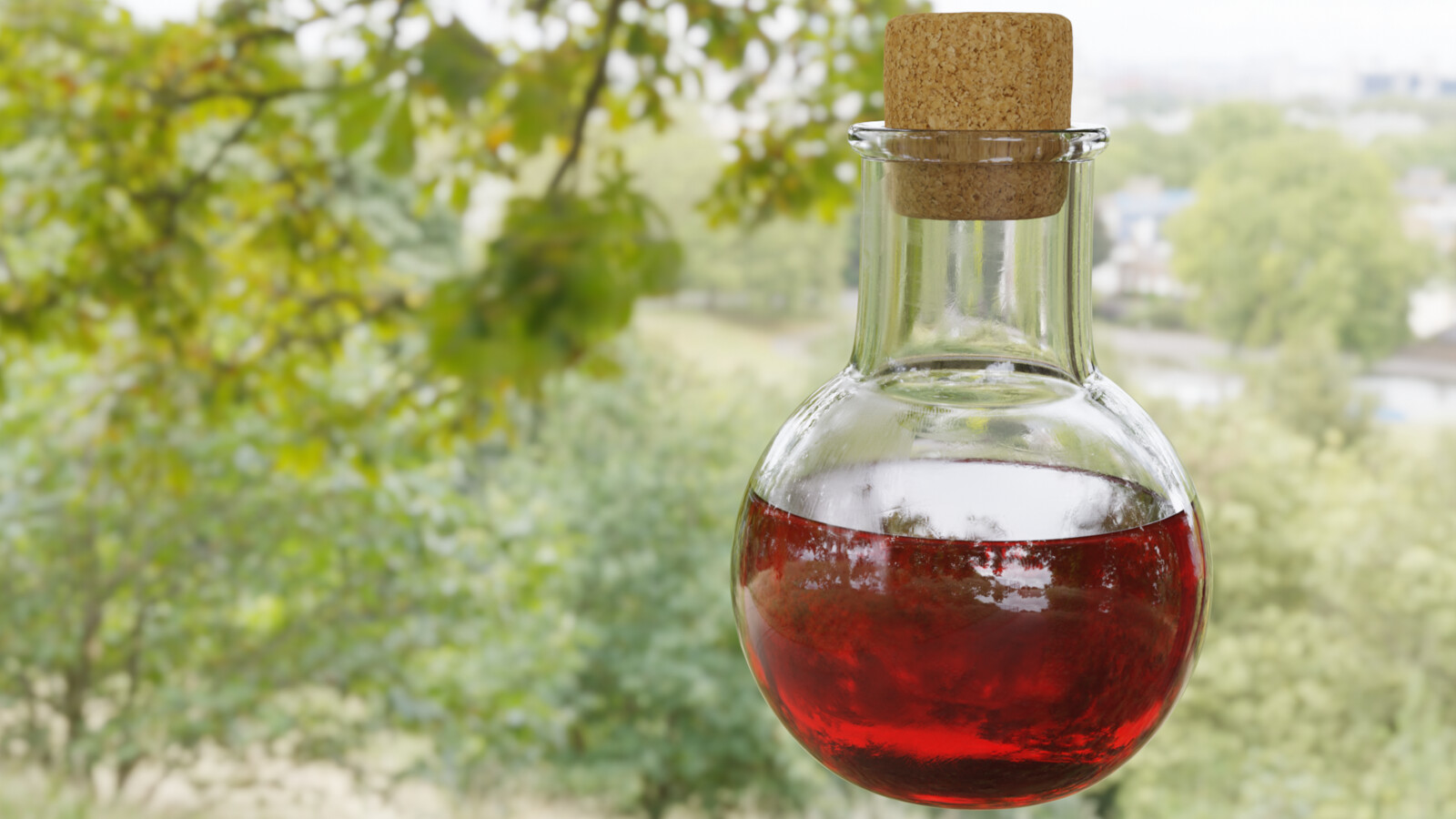 A red health potion floating in a verdant hillside.