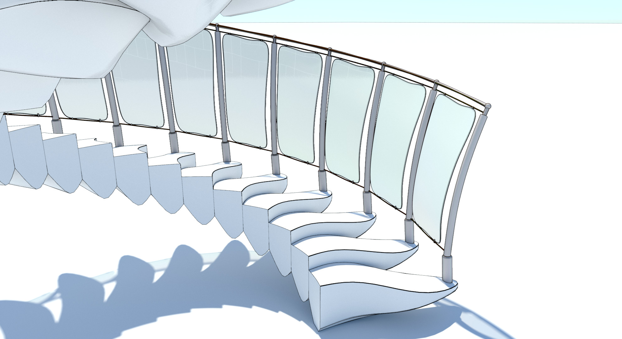 Procedural spiral stairs - each element type is contained in a separate source mesh, which is then procedurally replicated and transformed; some of the geometry is also procedurally adjusted on-the-fly for best results - bottom close up - cel edge shader
