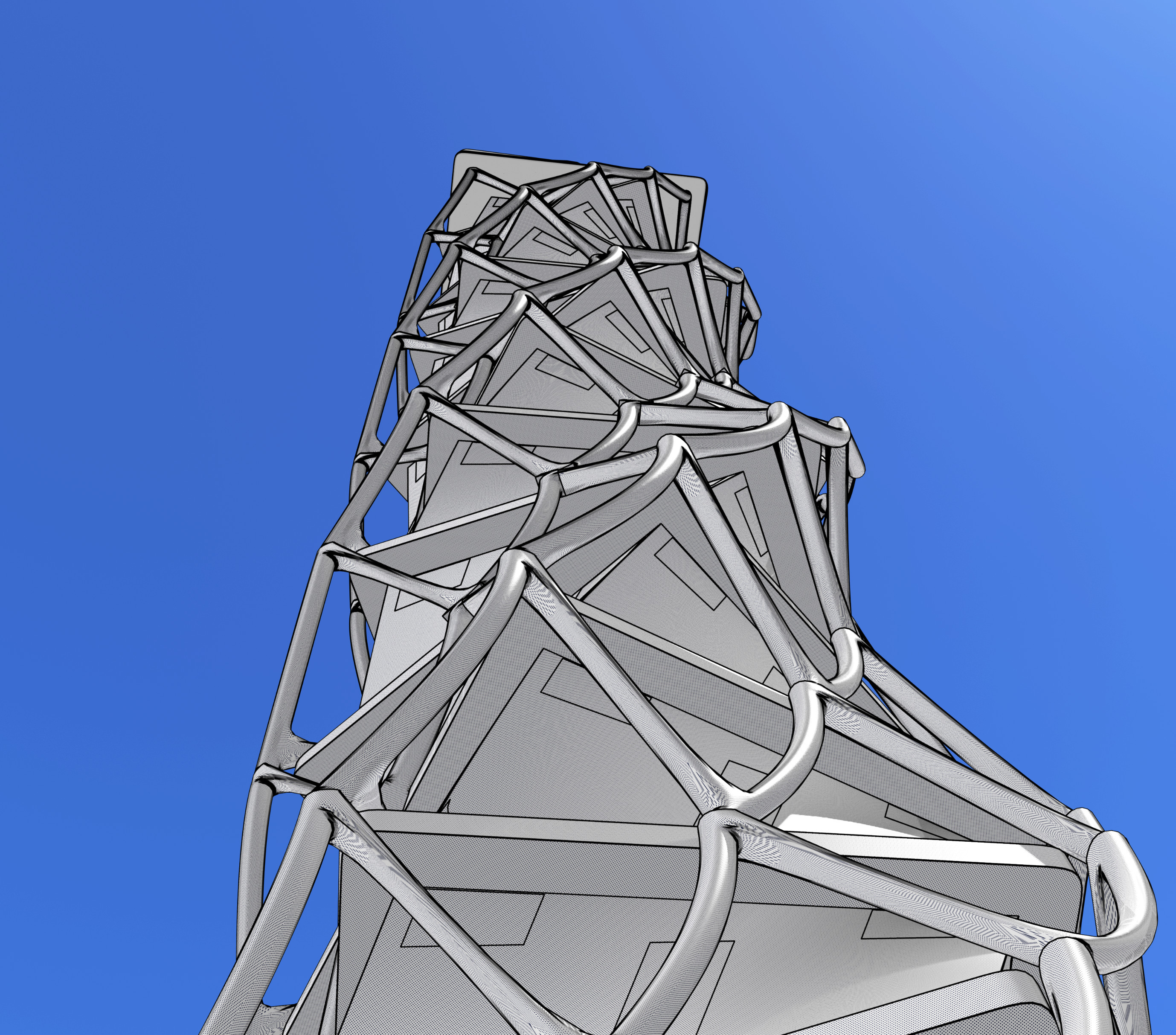 Procedurally-generated twisted tower with procedural external structural grid - worm's eye view - cel edge shader