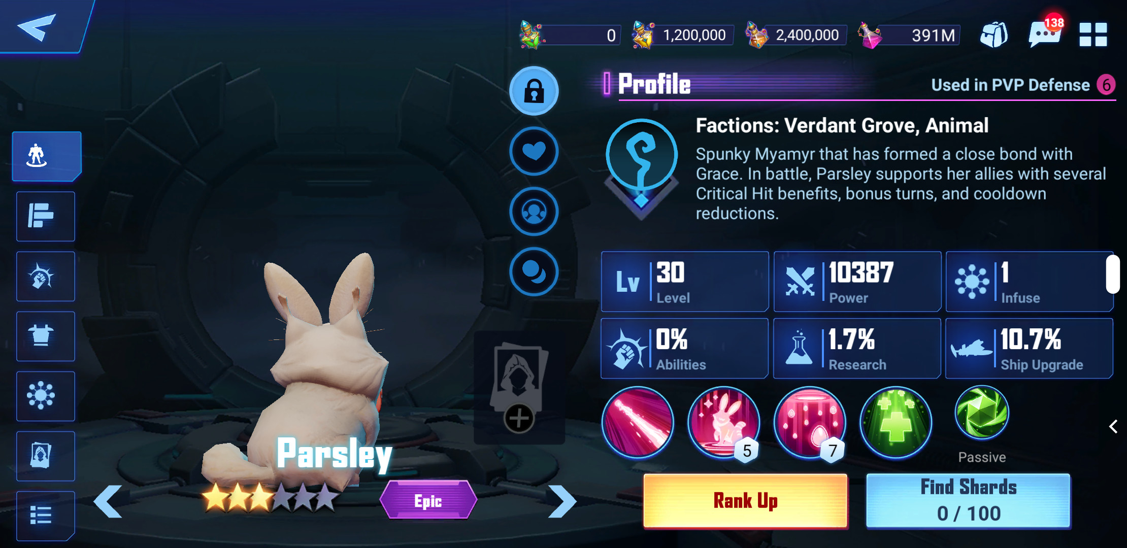 Parsley in-game character profile