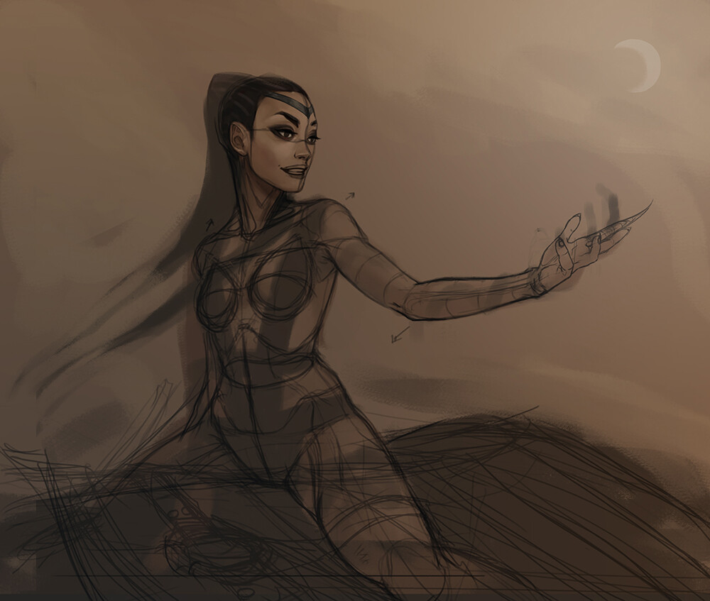 Taizyn is the leader of a fearsome army, riding to battle on an enormous ancient lizard. I wanted to give her a powerful pose and display her on the field of battle. I experimented with giving her an evil grin as well but scrapped that quickly.