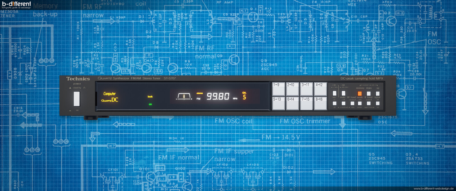 Technics Quartz Synthesizer FM/AM Stereo Tuner ST-S707 (WIP) | front view with blueprint