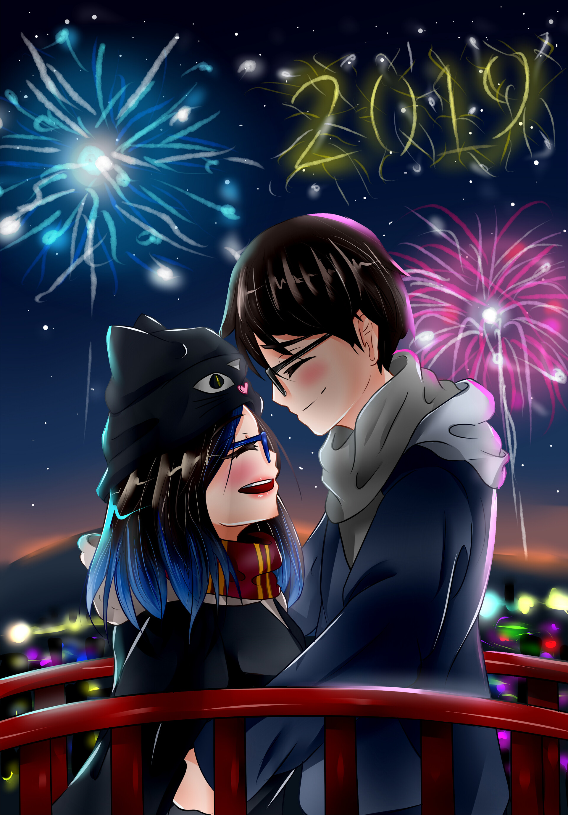 Wallpaper  anime girls fireworks uniform brunette long hair sky  night sit suprised light purple yellow orange dark blue skirt  blush stars anime girl photograph lighting cartoon ART  entertainment pink flash photography